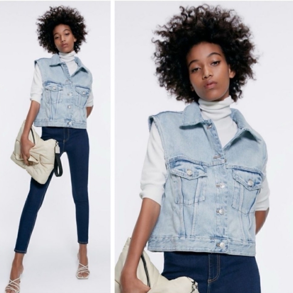 Zara Light Blue Sleeveless Denim Button Down Jacket-Vest Size:XS